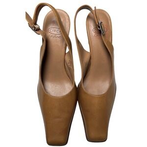 90s Minimal Square Toe Slingback Heels Tan Leather Joan & David Women 6.5